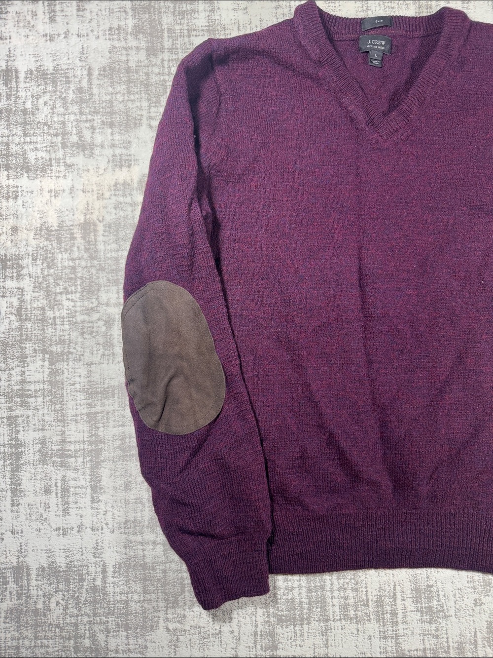 J. Crew Slim “MERINO WOOL” Elbow Patch V-Neck Sweater Maroon size L 22X19.5PTP - Picture 3 of 6